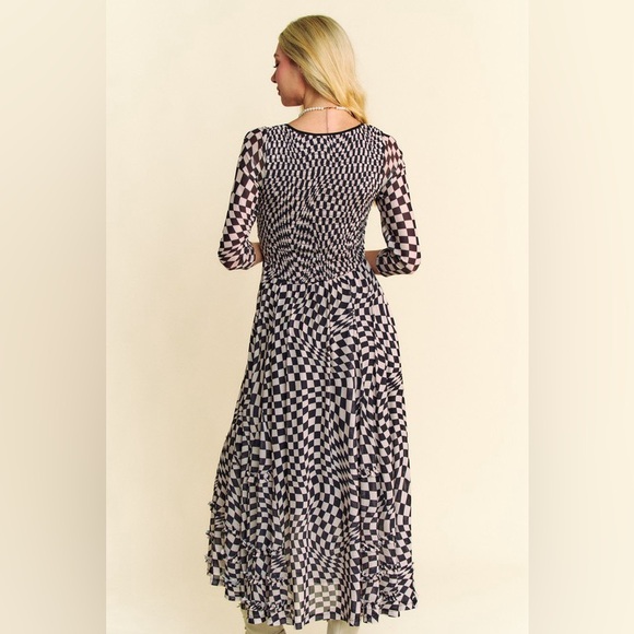 🟠258B. Printed Checkered Mesh Flowy Maxi Dress - Picture 9 of 9